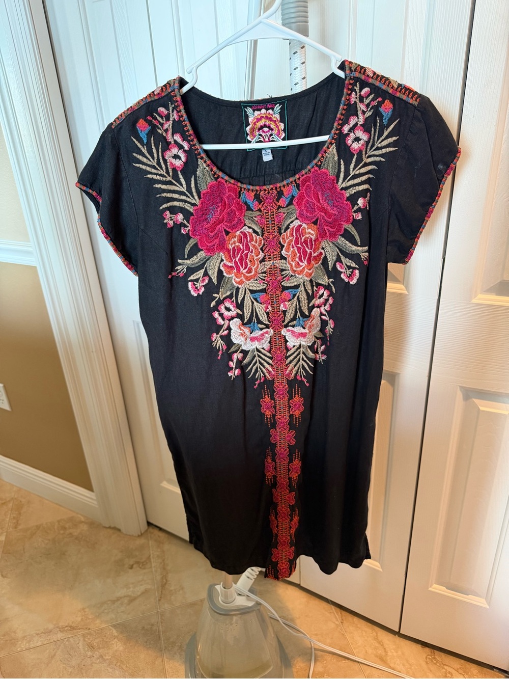 Johnny Was Black Tunic with Pink & Red Floral Embroidery